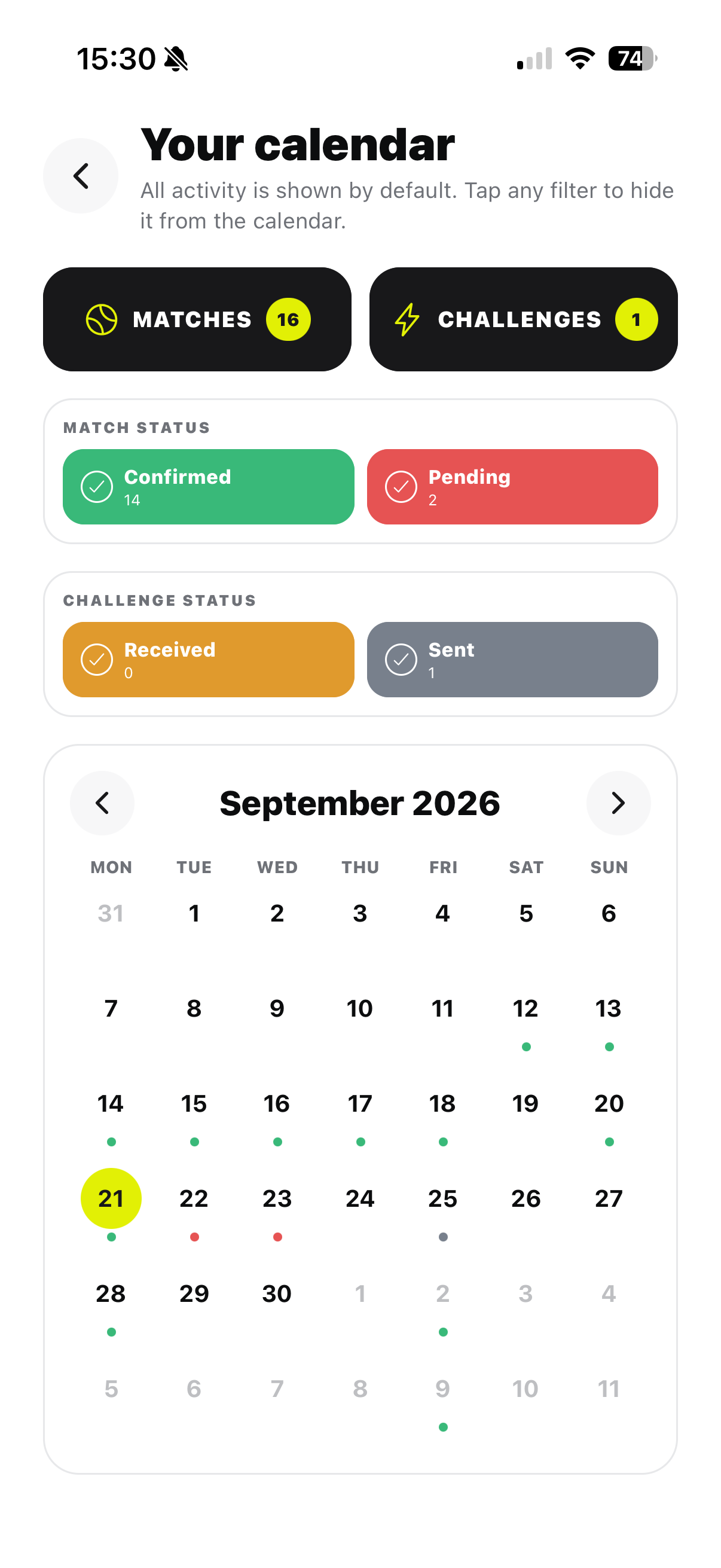 Current Tiebry calendar showing match and challenge filters for September 2026