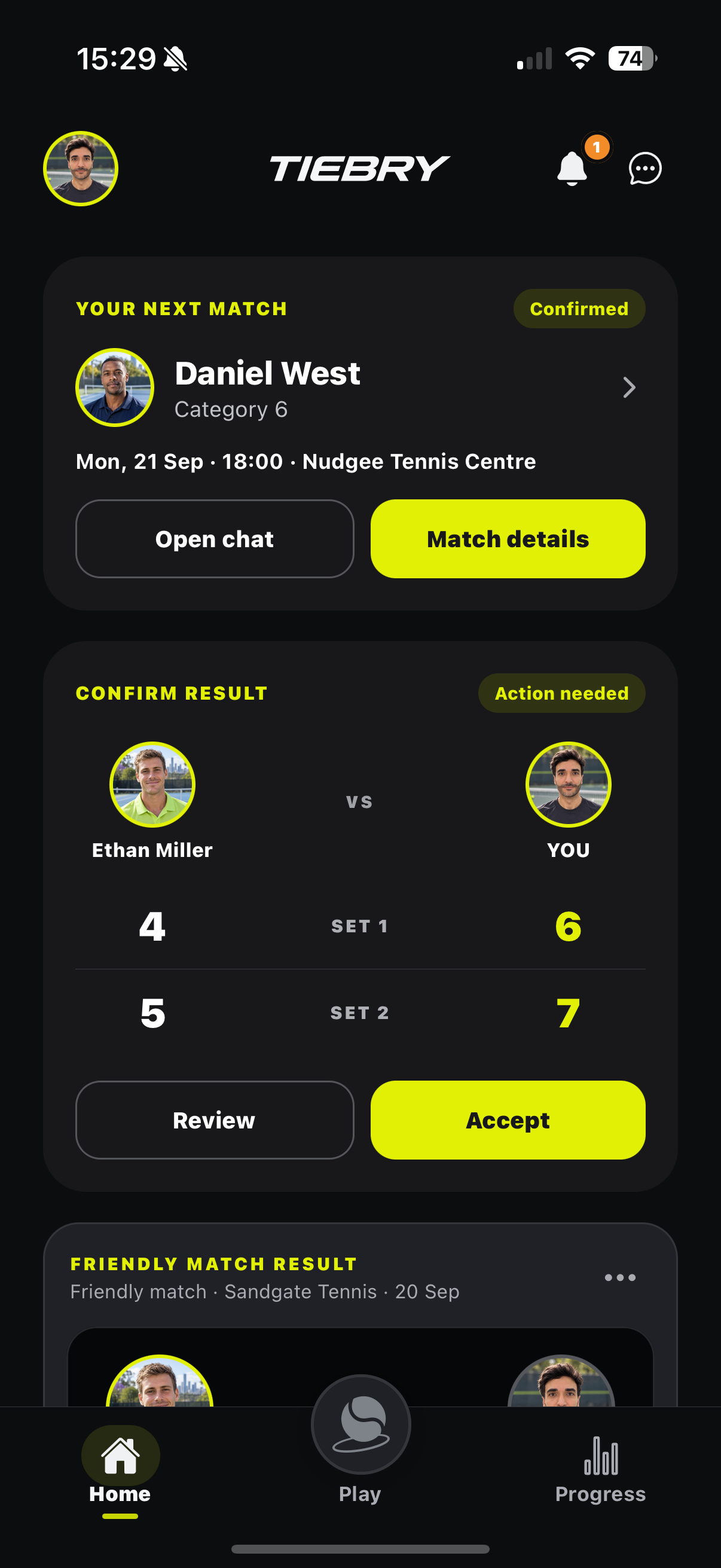 Tiebry home screen showing the next match and a result ready to confirm
