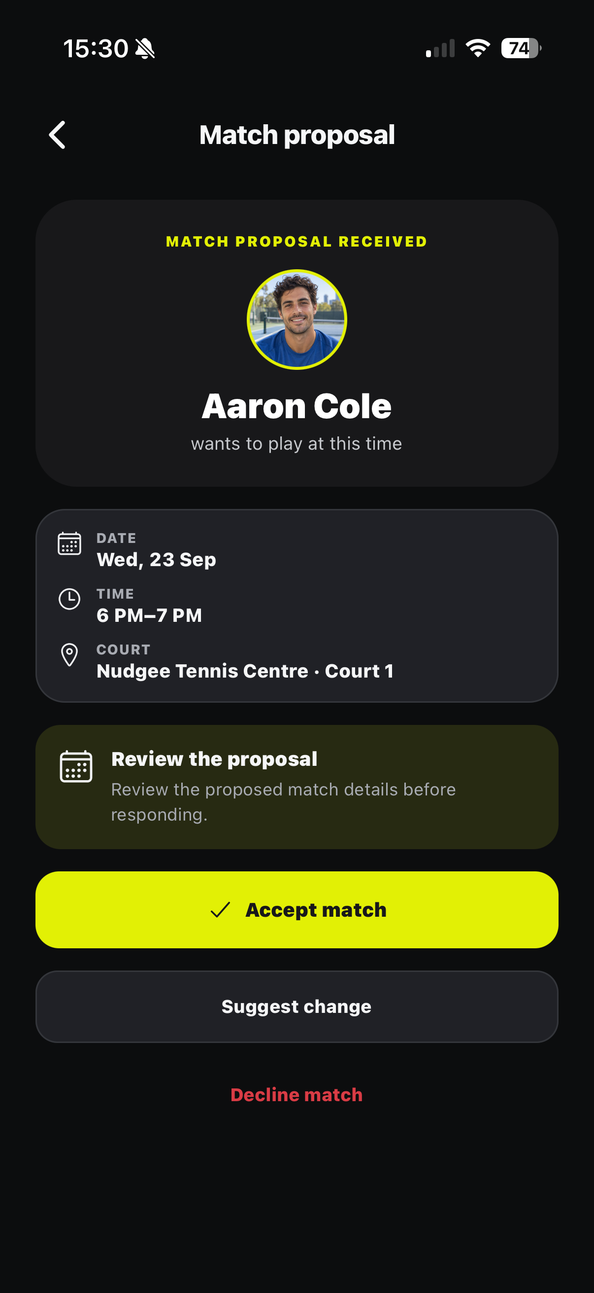 Tiebry match proposal screen with date, time, court and response options